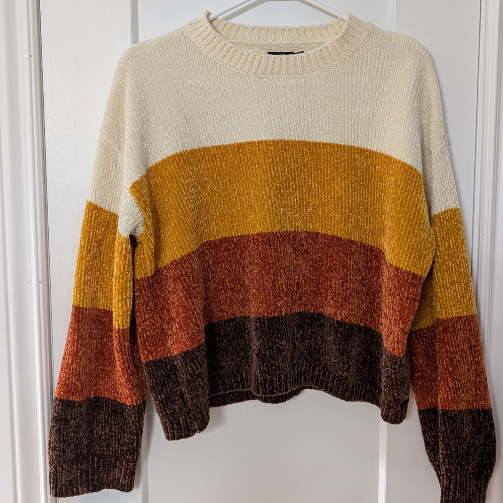 Volcom Women's Sweater in Cream, Gold, and Brown Stripes